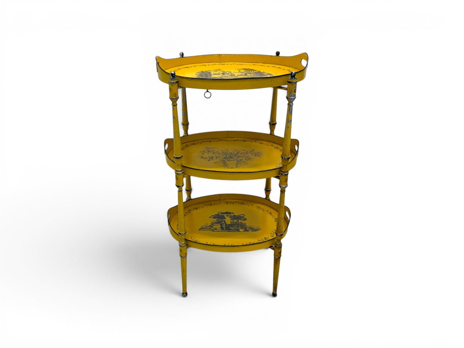 Tole 3 Tier Stand With Trays: Yellow Italian tole 3 tier stand with 3 removable trays. Stand and trays all marked Made in Italy TC. Dimensions: H: 35.25" W: 19.5" D: 14.25"