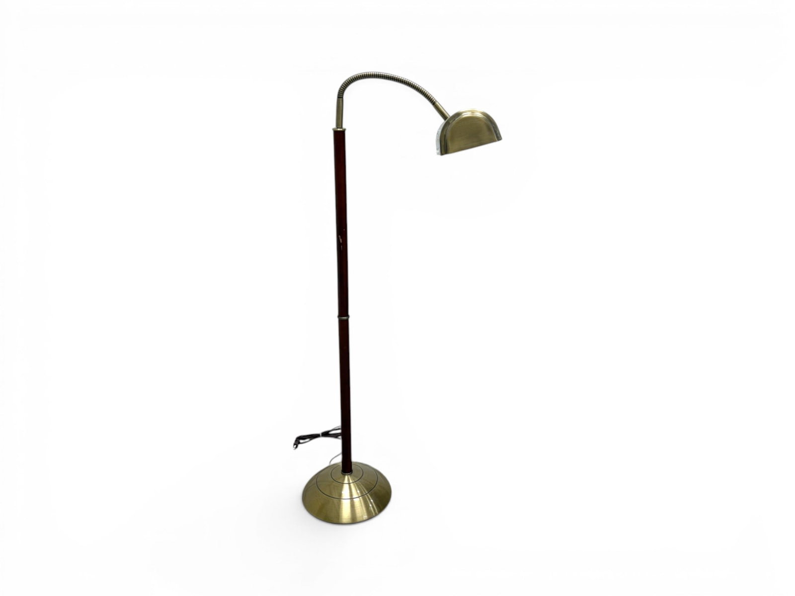 Brass & Wood Gooseneck Floor Lamp: Brass and wood adjustable gooseneck floor lamp. Dimensions as photographed: H: 50.25" W: 17.75" D: 11.5"