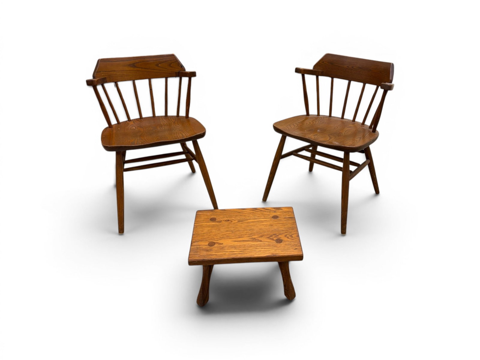 Hunt Stool & 2 Chairs: Hunt stool and 2 chairs. Stool stamped Hunt on the underside, chairs unmarked. Stool dimensions: H: 9.5" W: 16" D: 12" Chair dimensions: H: 28.5" W: 20.5" D: 20", seat height 17.25