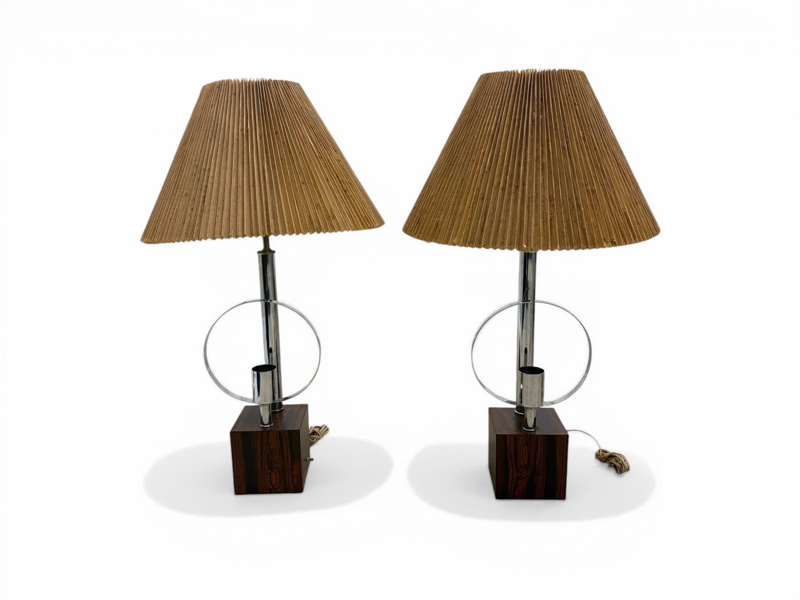 Pair Modern Style Chrome & Wood Table Lamps: Pair of modern style chrome and wood veneer table lamps. Unsigned. Dimensions: H: 36" W: 10" D: 6.25"
