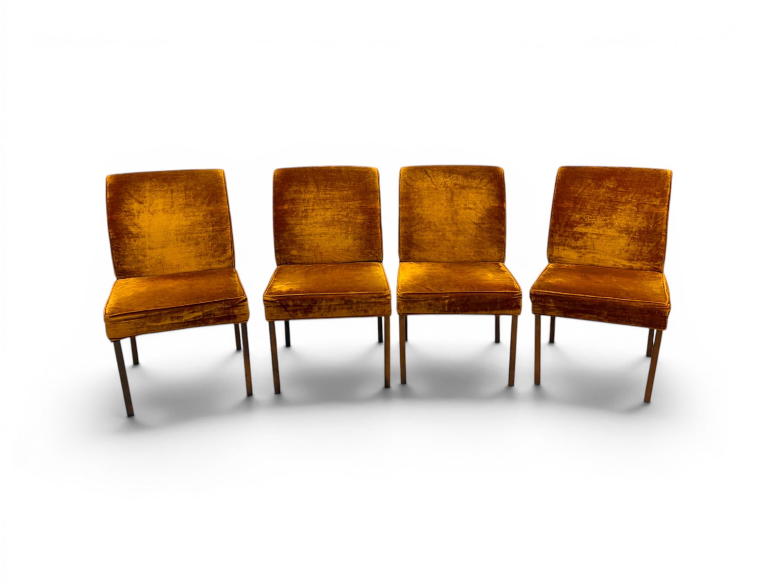 4 Lane Staccato Dining Chairs: Set of 4 Lane "Staccato" dining chairs with patinated metal legs. Lane Furniture labels to the undersides. Dimensions: H: 33" W: 19.25" D: 25", seat height 17.25"