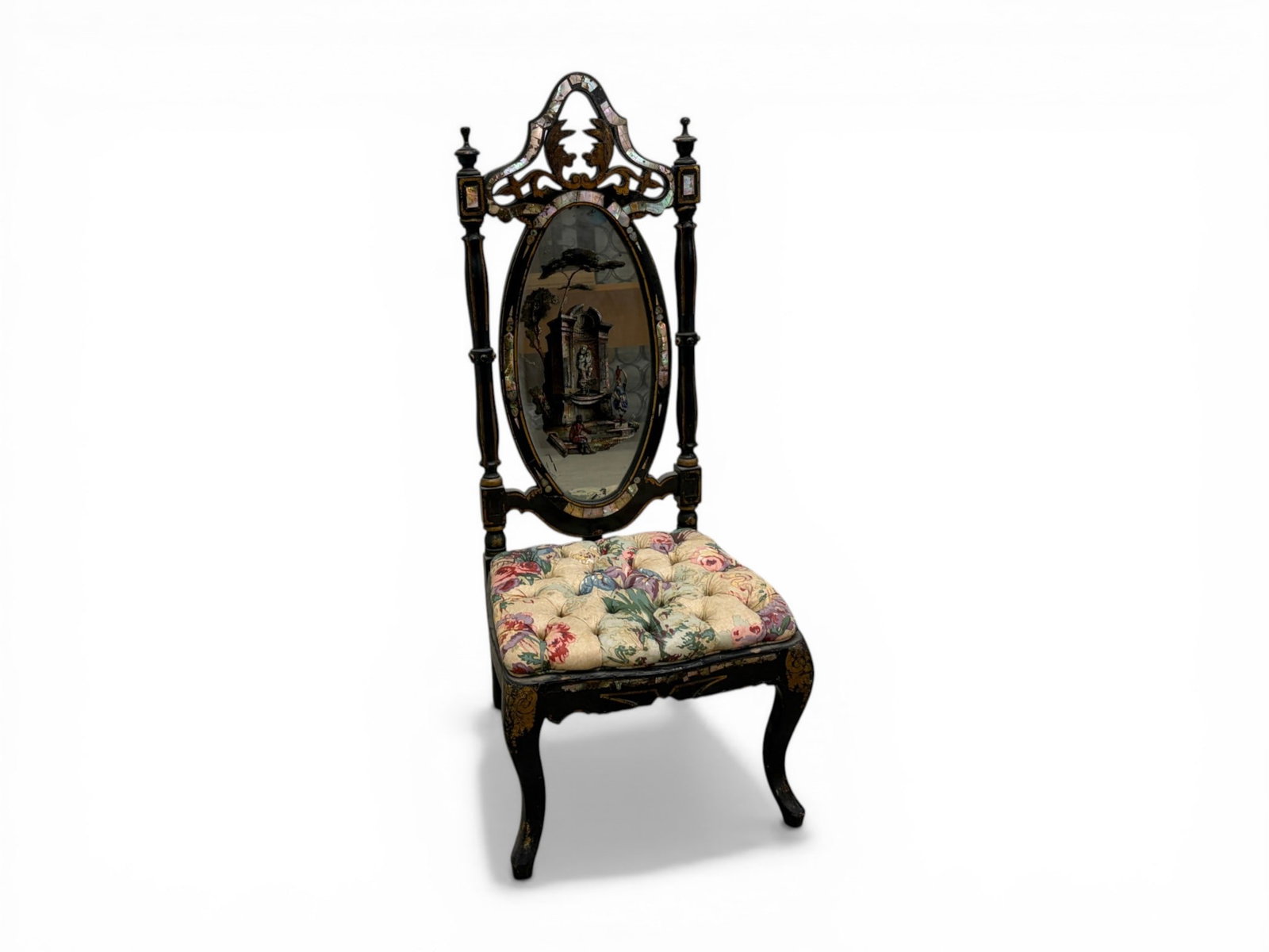 Victorian Mother-of-Pearl Inlaid Side Chair: Victorian ebonized, gilt painted and mother-of-pearl inlaid side chair with mirrored splat with hand painted fountain scene with floral upholstery. Dimensions: H: 43.5" W: 18" D: 18.5", seat height 14