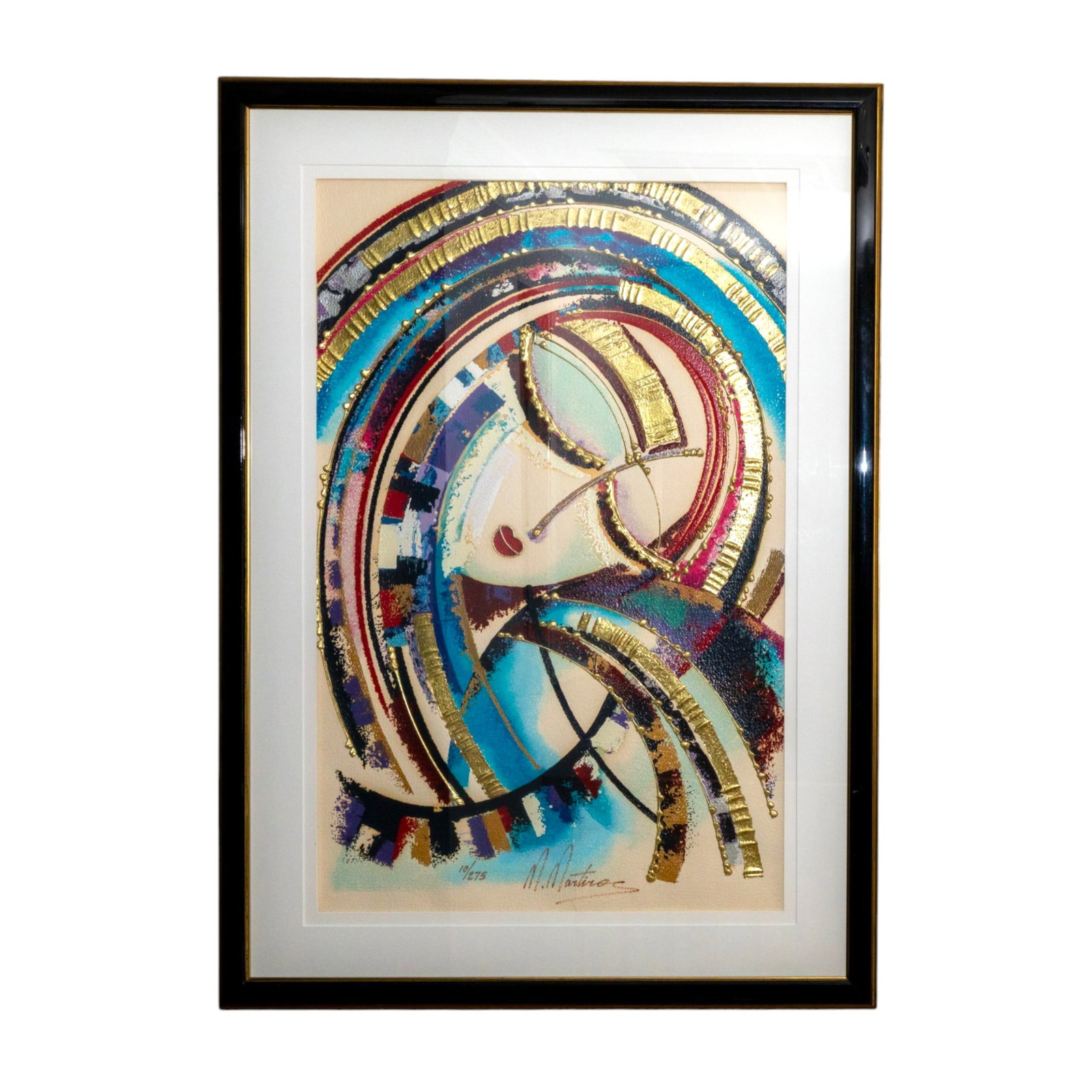 Martiros Manoukian Serigraph Portrait: Martiros Manoukian (Armenian / American, 1948). Embellished serigraph, portrait of a woman. Signed and numbered 10/275 in gold ink. Dimensions: H:52" W:37.5" D:2" Sight - 40" x 27"