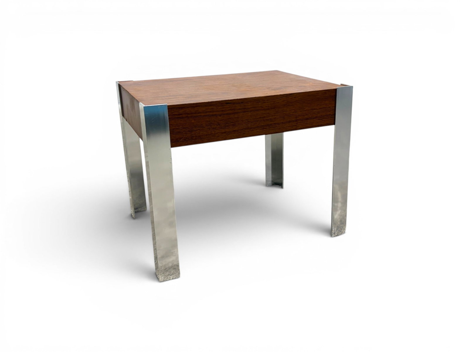 Modern Baughman Style Side Table: Modern Milo Baughman style side table, chrome legs, wood veneer. Dimensions: H: 21" W: 21" D: 20.5"