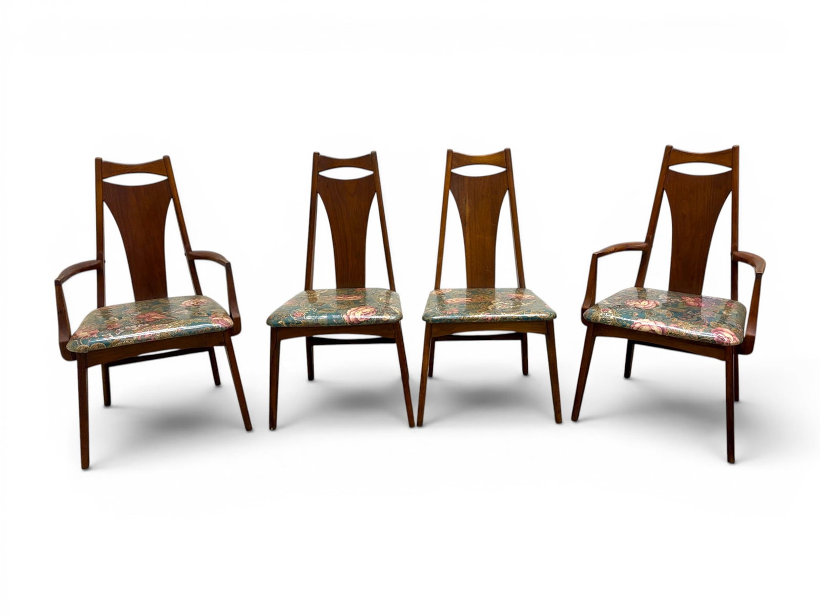 4 Young Mid-Century Modern Dining Chairs: Set of 4 Young mid-century modern dining chairs. 2 side chairs and 2 armchairs. Floral upholstery. Side chair dimensions: H: 40" W: 20" D: 21.5", seat height 18.5" Armchair dimensions: H: 40" W: 22.5"