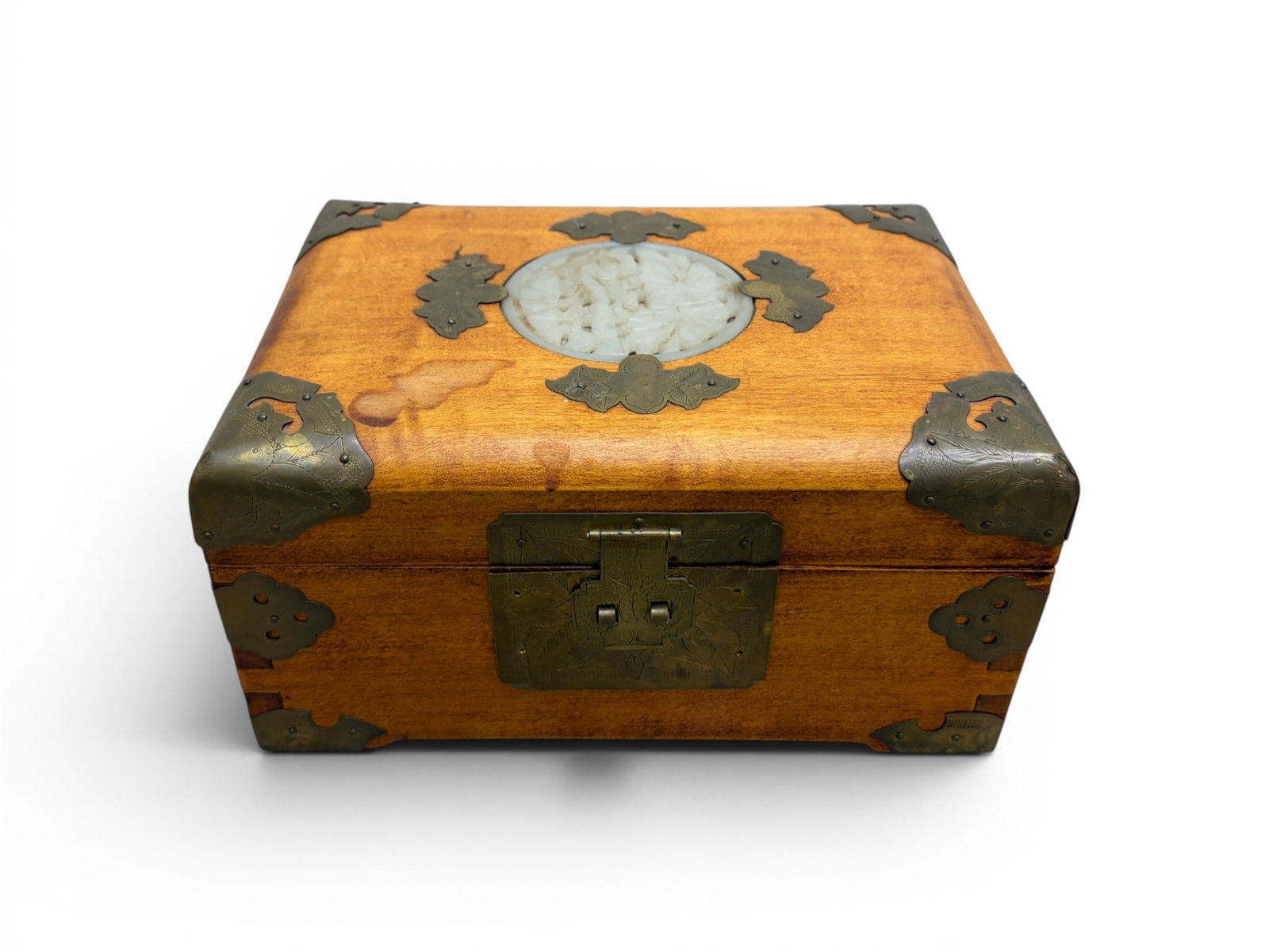 Chinese Wooden Box With Jade Inset Lid: Chinese wooden box with brass mounts and jade inset lid. Dimensions: H: 4.25" W: 9" D: 6.5"