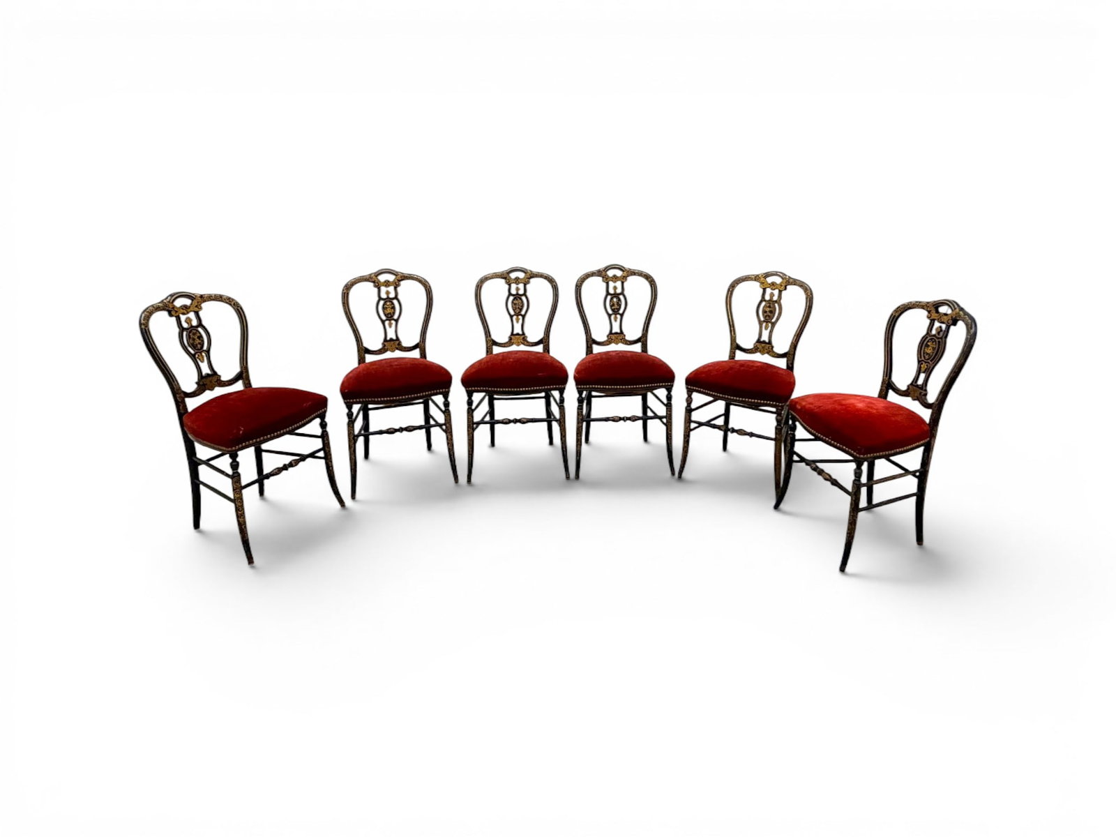 6 Napoleon III French Chairs: Set of 6 Napoleon III French chairs. With mother-of-pearl inlays and red velvet upholstery with nailhead trim. Dimensions: H: 34" W: 17" D: 18", seat height 19.25"