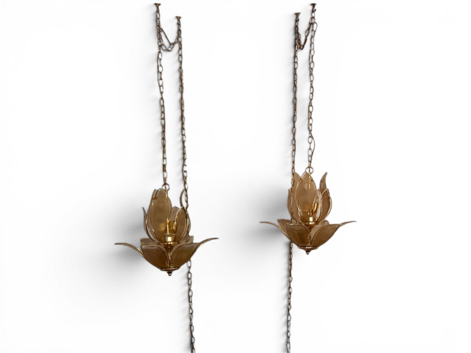 Pair Italian Lotus Form Swag Pendant Lights: Pair of Italian brass and glass lotus form swag pendant lights. Dimensions from top of ring: H: 18" W: 18.5" D: 18.5"