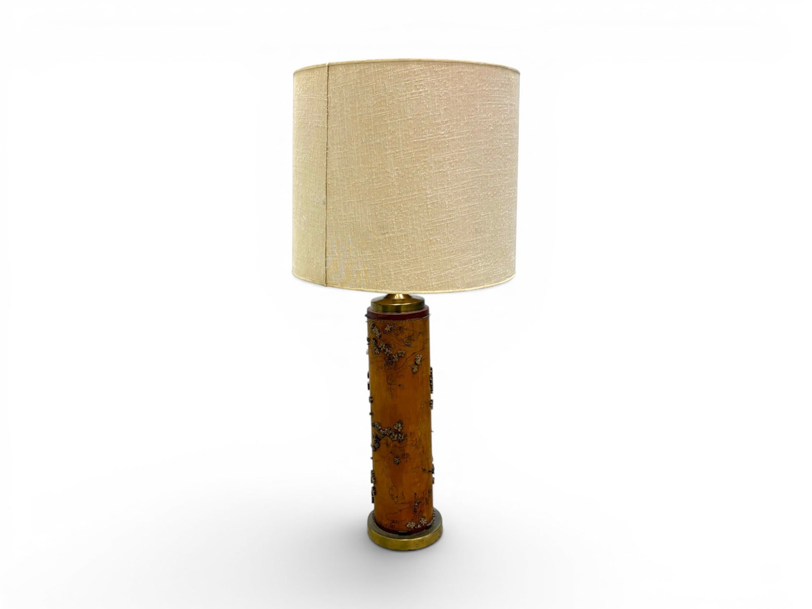 Print Roller Lamp With Flowers: Print roller lamp, wood with metal insets of flowers and leaves. Dimensions without shade: H: 82.5" W: 30" D: 30"