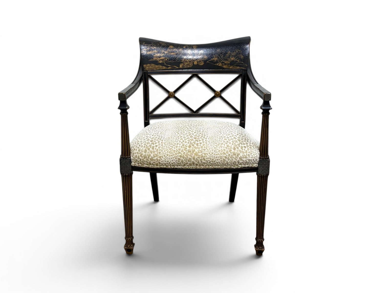 Interior Crafts Chinoiserie Armchair: Interior Crafts chinoiserie black lacquer armchair with animal print upholstery. Interior Crafts label to the underside. Dimensions: H: 34.5" W: 23" D: 25.5", seat height 20.5"