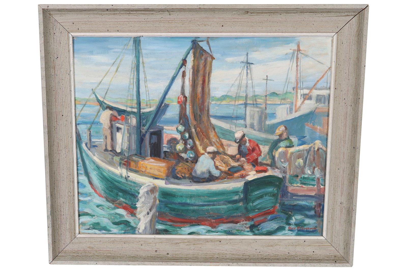 Alice H. Goodwin Cape Cod Oil on Board: A signed Alice H. Goodwin oil on board depicting a Cape Cod fishing boat. Framed in a whitewash frame Dimensions: H:20" W:24" D:2"