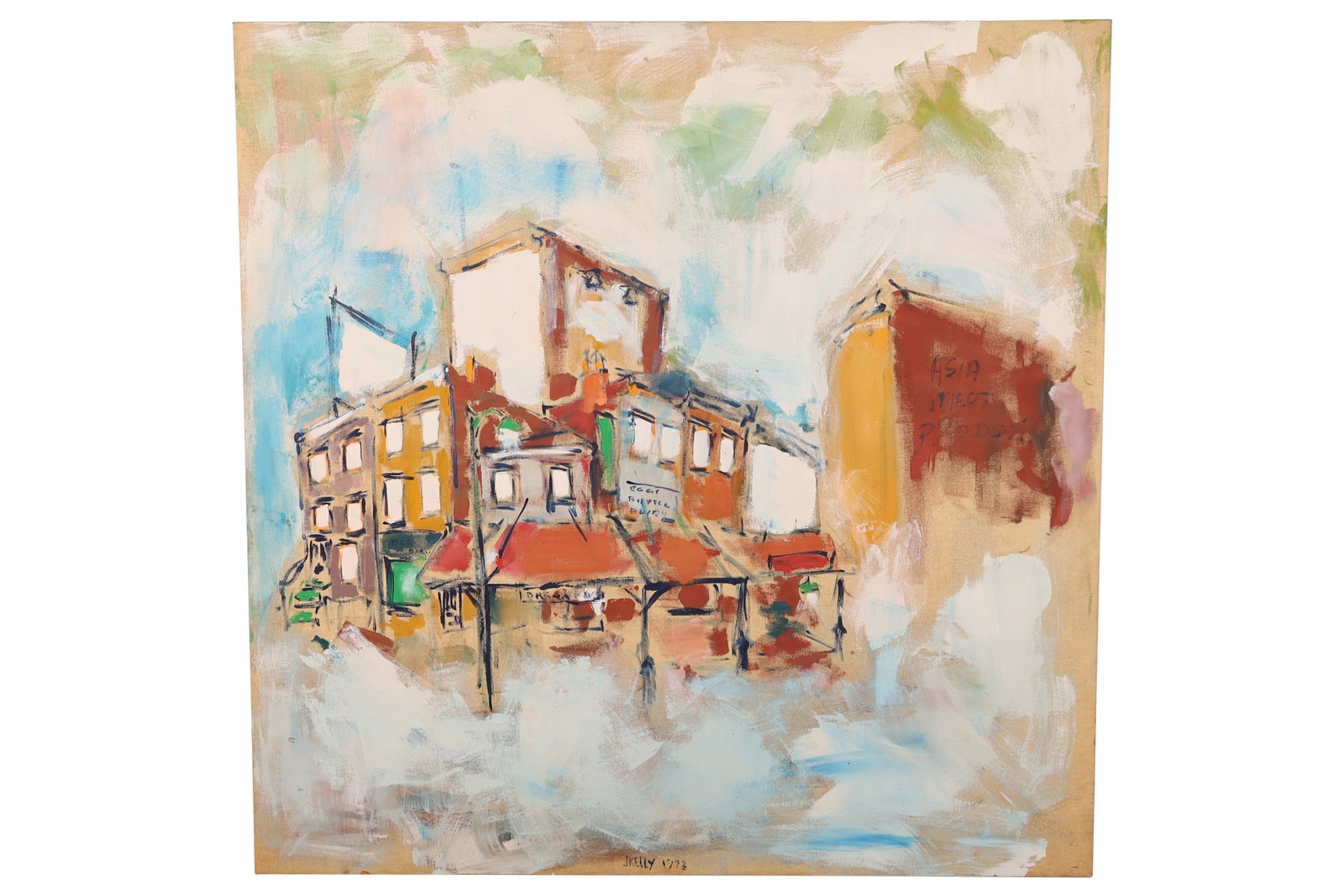 J. Kelly Oil on Canvas Cityscape: Signed and Dated J Kelly 1973 mid century oil on canvas depicting a cityscape. This is an unframed canvas Dimensions: H: 60" W: 60" D: 1.5"