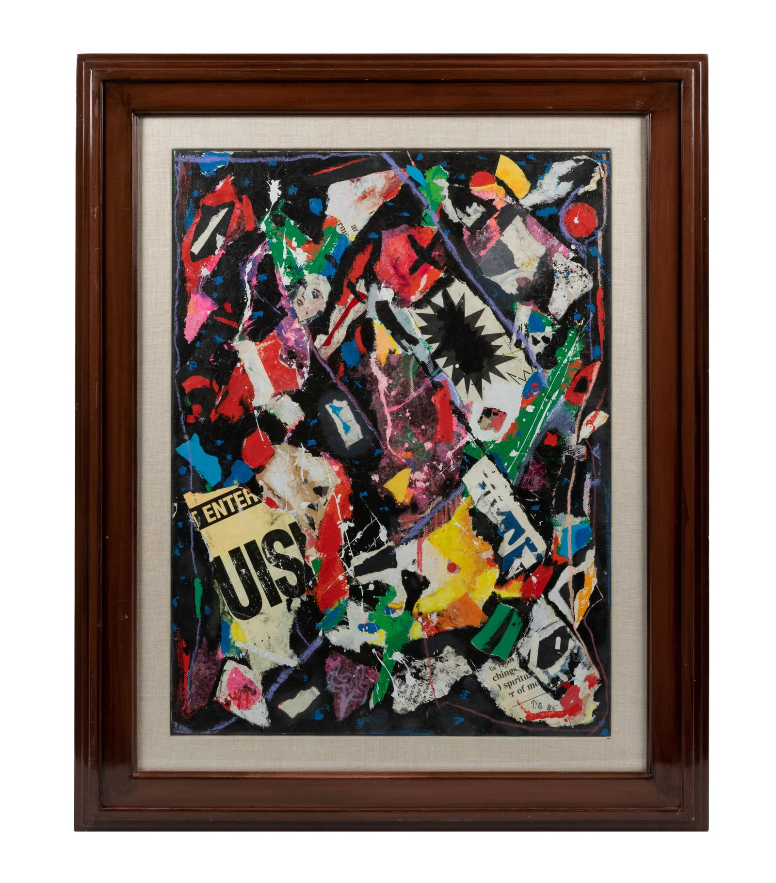 Mixed Media Abstract Collage Art: A framed mixed media collage incorporating various material and text fragments. Piece is signed T.G 87'. The collage is mounted on wooden board. Dimensions: H:33" W:26" D:1"
