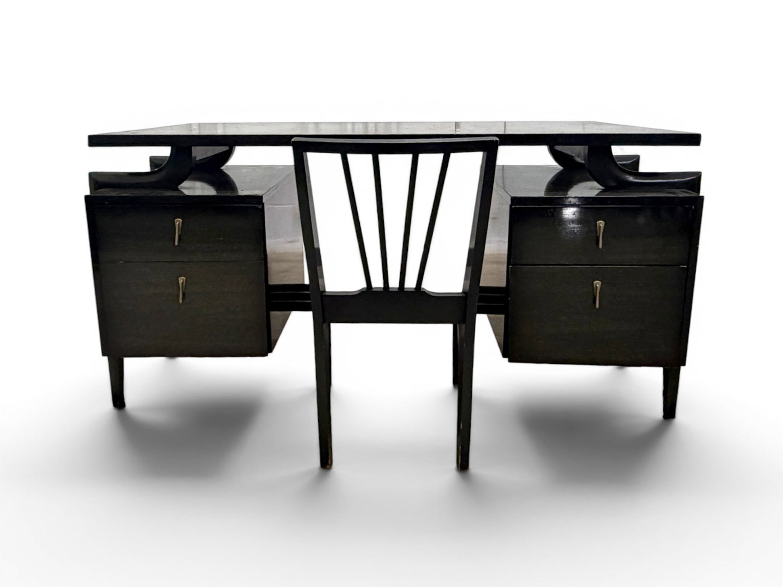 Tri-Bond Floating Top Desk: Tri-Bond Furniture floating top desk. With associated ebonized chair. Desk with metal Tri-Bond label to drawer interior. Desk dimensions: H: 30" W: 60" D: 23" Chair dimensions: H: 32" W: 18" D: 19.25"