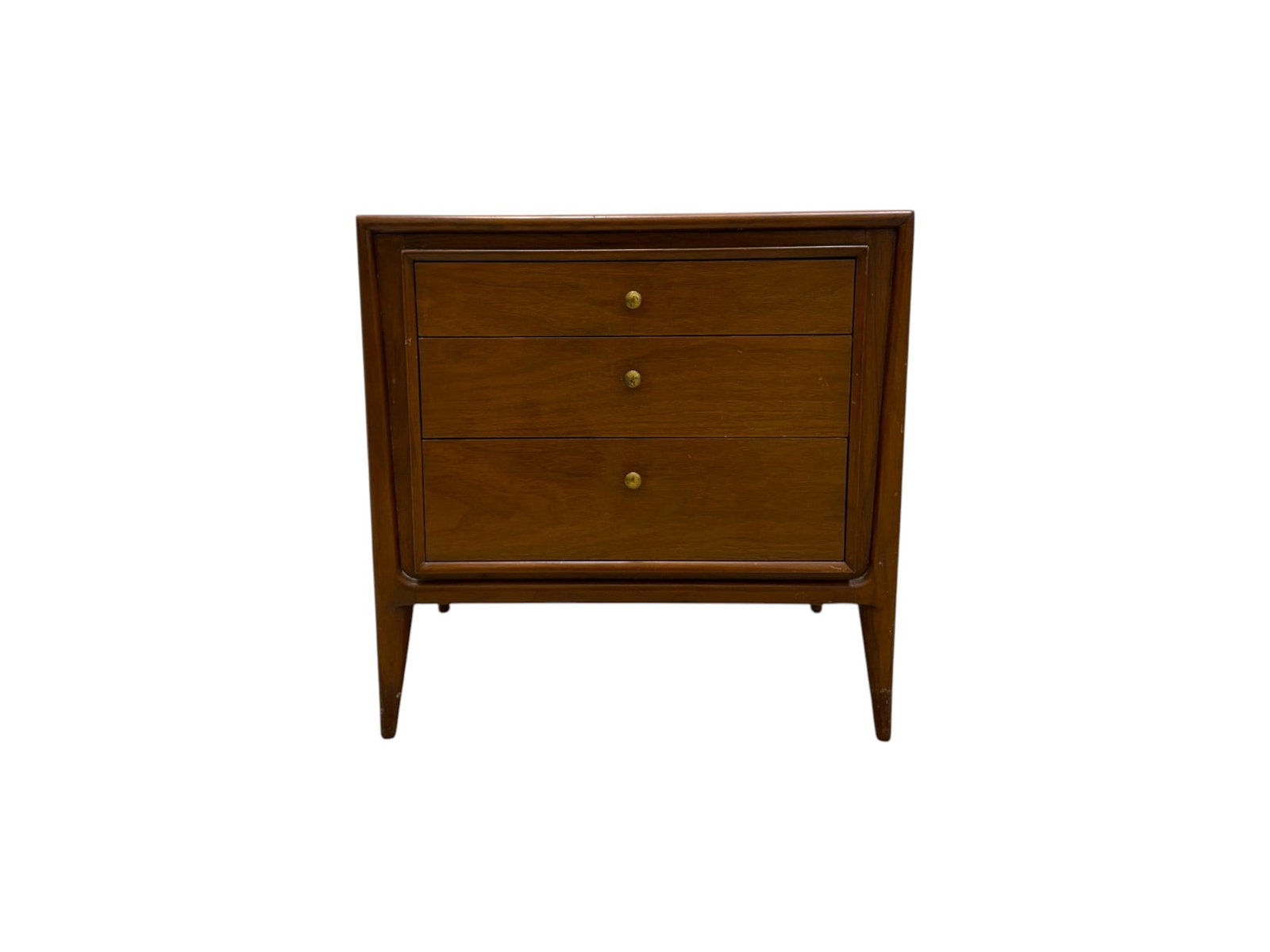 John Stuart for Mount Airy Facade Nightstand: John Stuart for Mount Airy Furniture, Facade mid-century modern 3 drawer nightstand. With John Stuart label and Facade Mount Airy mark to interior of top drawer. Dimensions: H: 26.5" W: 26" D: 17.25"