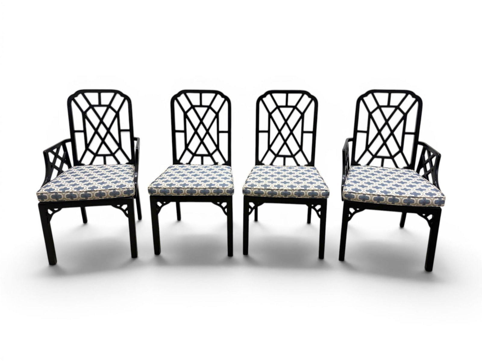 4 Chinese Chippendale Style Dining Chairs: Set of 4 Chinese Chippendale style dining chairs with cane seats. 2 side chairs and 2 armchairs. Side chair dimensions: H: 39" W: 20" D: 20.5", seat height 16.25 Armchair dimensions: H: 39" W: 22"