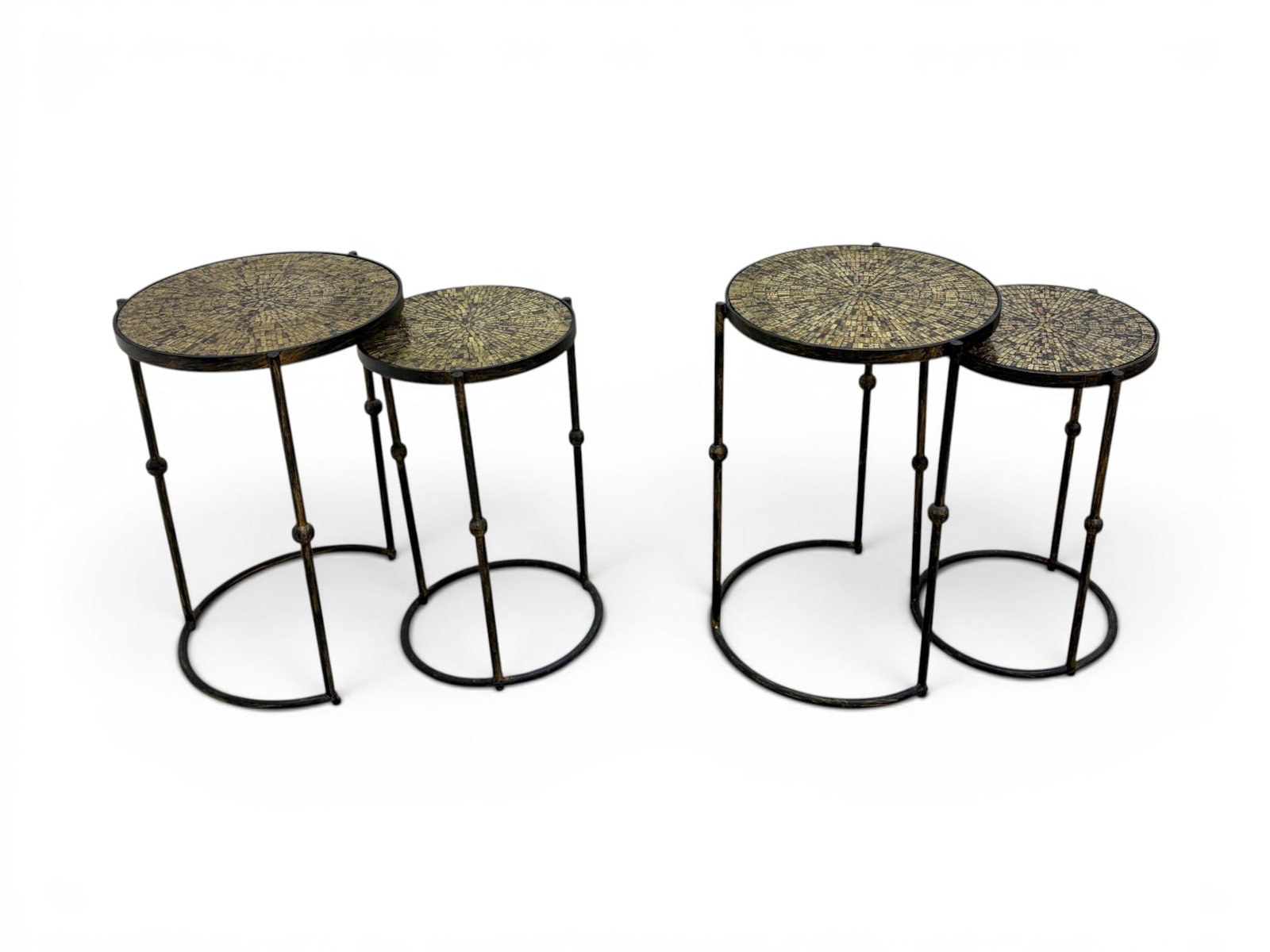 Pair of 2 Nesting Tables With Mosaic Tops: 2 sets of 2 nesting tables, iron with glass mosaic tops. Larger table dimensions: H: 24.25" W: 17.5" D: 17.5"