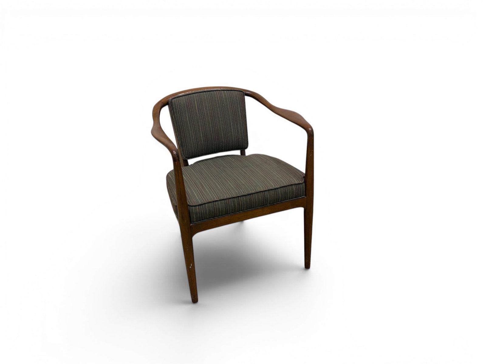 Danish Modern Armchair: Danish modern armchair, with striped upholstery. Unmarked. Dimensions: H: 29" W: 24.5" D: 23.5", seat height 17.5"