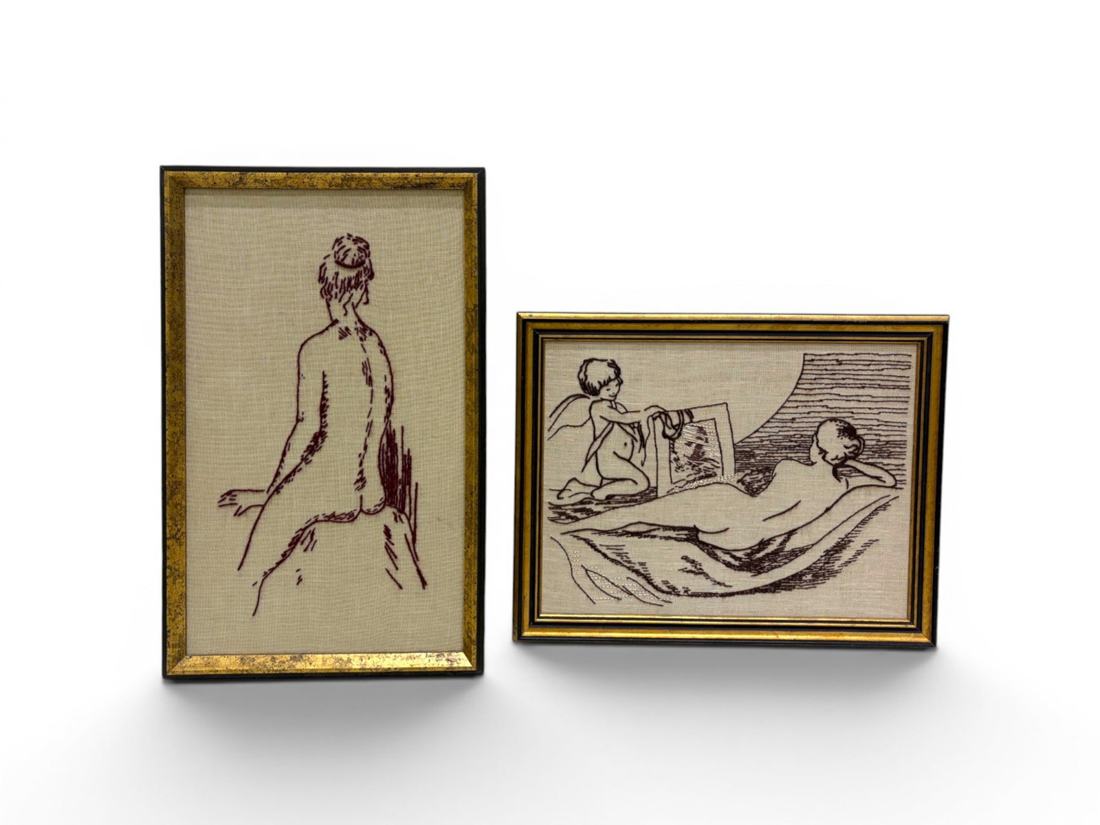 2 Mid-Century Needlepoints Nudes: 2 mid-century needlepoints, nudes. Reclining nude dimensions with frame: H: 15" W: 19.25" D: 1" Seated nude dimensions with frame: H: 21.25" W: 13.5" D: 1.5"