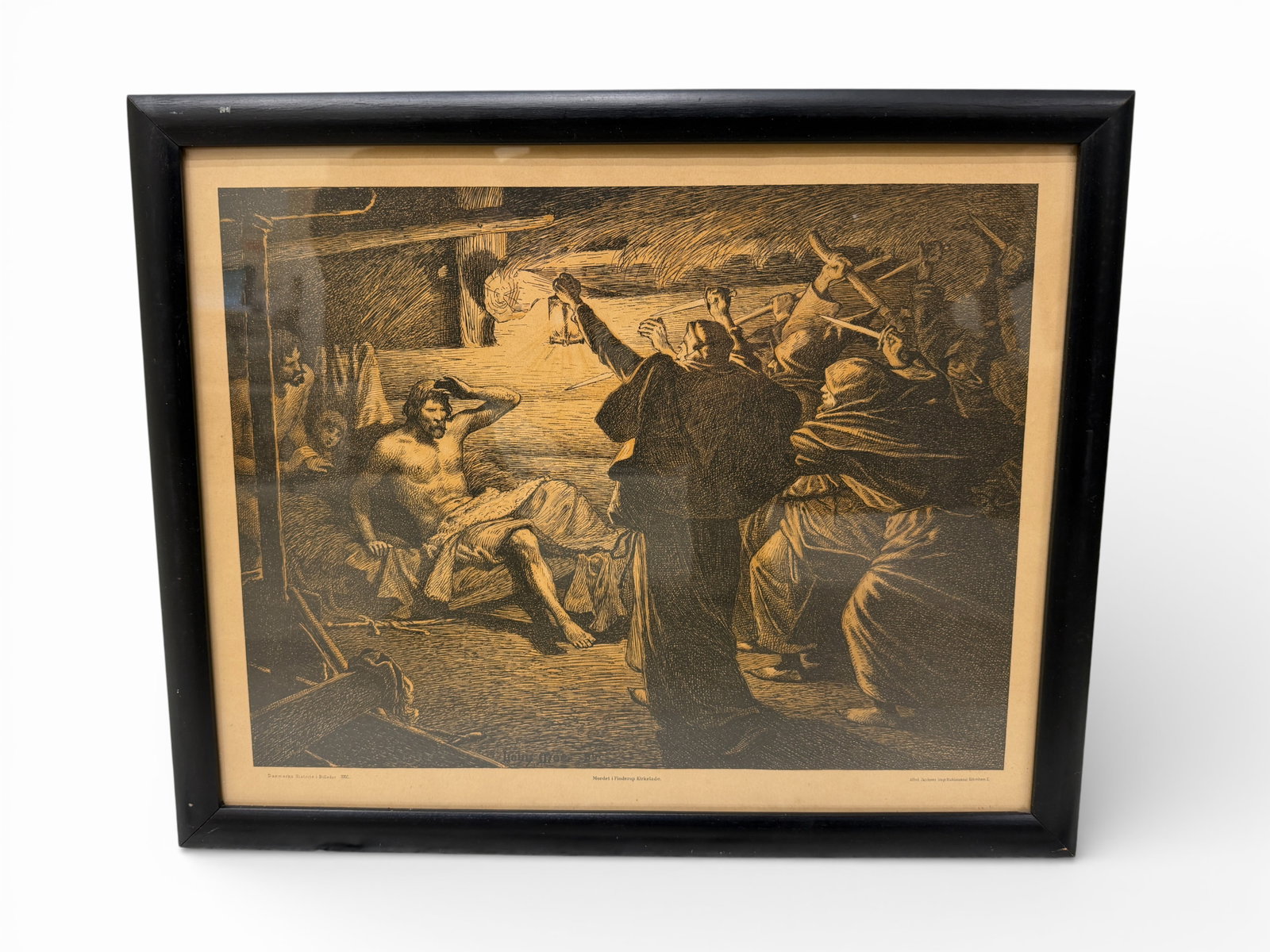Mordet i Finderup Kirkelade - Louis Moe Lithograh: A Mordet i Finderup Kirkelade - Louis Moe Lithograh on paper. Marked: Danmarks Historie i Billeder XXVI. Mordet i Finderup Kirkelade. Alfred Jacobsens litogr. Etablissement, København K. The