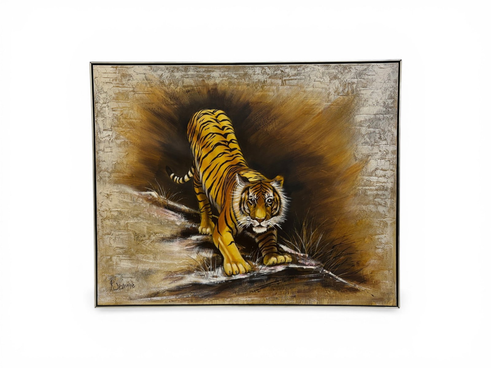 R. Delongprie Oil on Canvas Tiger: Oil on canvas, Tiger. Signed lower left R. Delongprie. Dimensions: H:49.25" W:61.25" D:1.375"