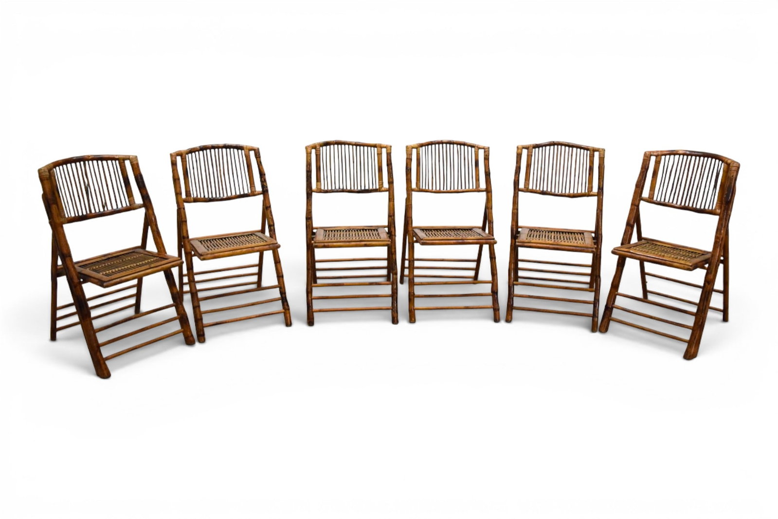 6 Bamboo Folding Chairs: Set of 6 bamboo folding chairs. Dimensions: H: 35" W: 18.25" D: 24", seat height 18"