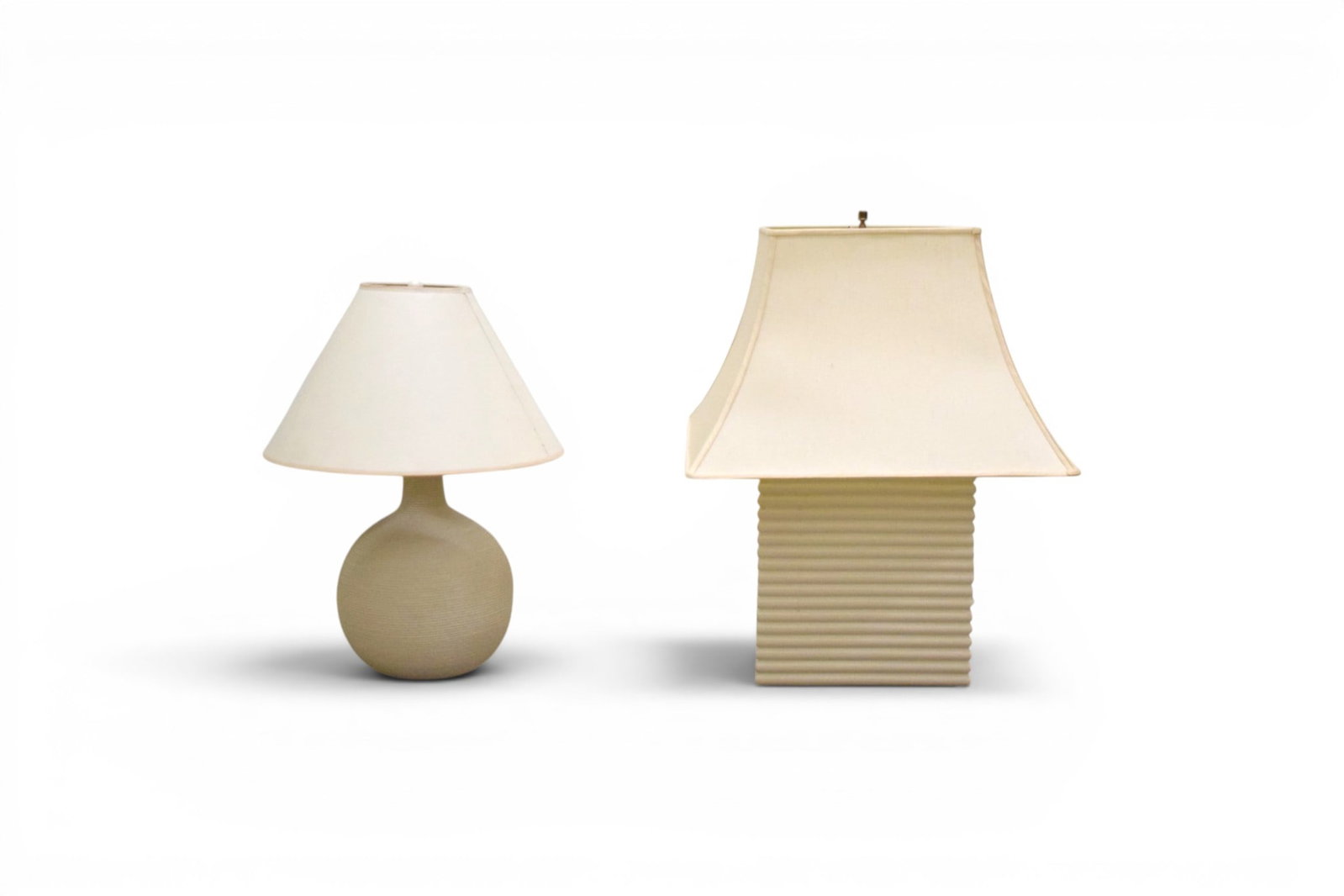 2 Modern Table Lamps S&M and Lorin Marsh: 2 modern pottery table lamps. Rope lamp, signed S&M Inc. and dated 1970. Rectangular lamp, attributed to Lorin Marsh. Rope lamp dimensions to top of finial without shade: H: 22.25" W: 9.75" D: 9.75" M