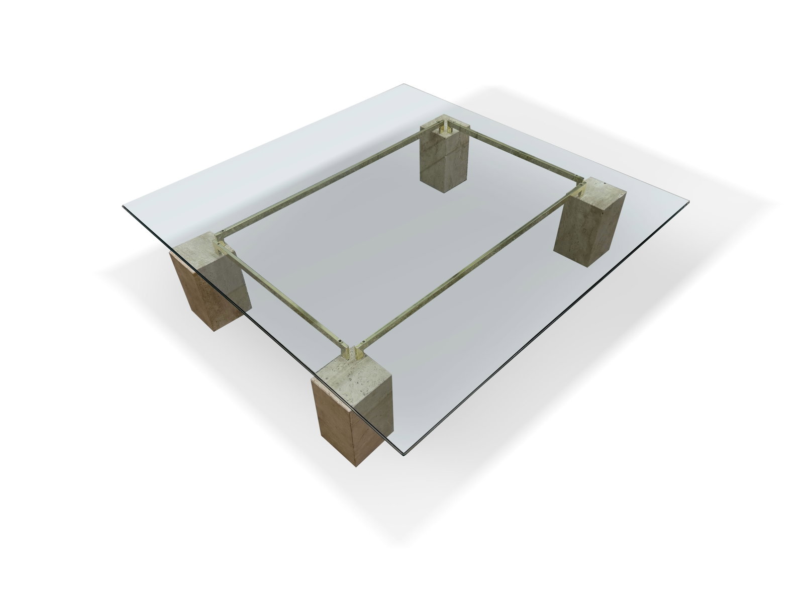 Piero De Longhi Glass & Travertine Coffee Table: A Piero De Longhi for Catalan Italia 'Dielle' Glass & Travertine Coffee Table. Designed in 1984 is a sophisticated design revealed by timeless lines and high-quality materials. The transparent glass t