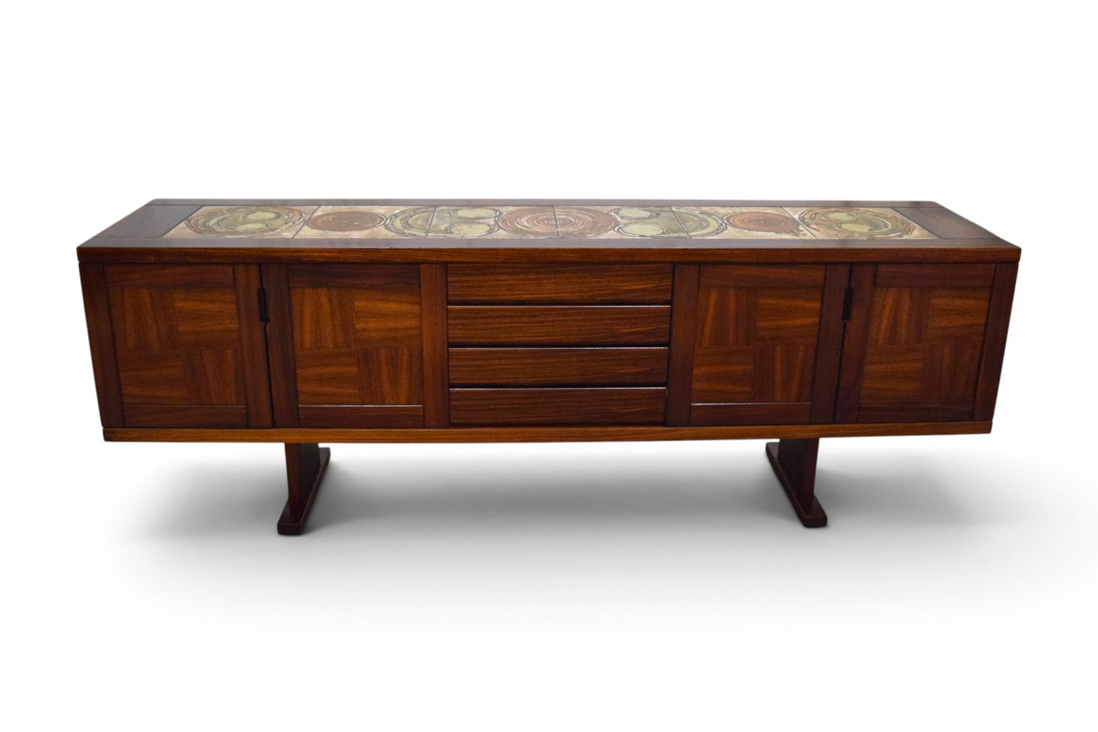 Attr Poul Poulsen Gangso Mobler Tile Top Credenza: Attributed to Poul Poulsen for Gangso Mobler, Danish modern Ox Art tile top credenza. Rosewood, 4 doors with interior shelves, 4 central drawers. Signed Ox Art on the tiles. Dimensions: H: 30" W: