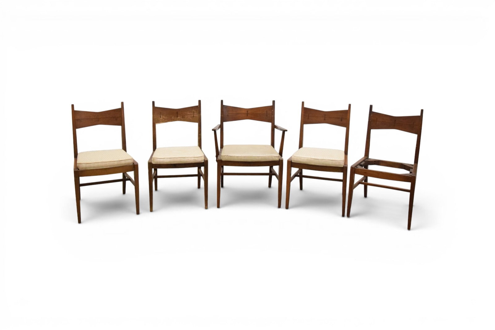 5 Lane Tuxedo Dining Chairs: Set of 5 Lane Tuxedo dining chairs. Armchair and 4 side chairs. 1 side chair missing seat. Armchair dimensions: H: 33.5" W: 25" D: 21", seat height 18"