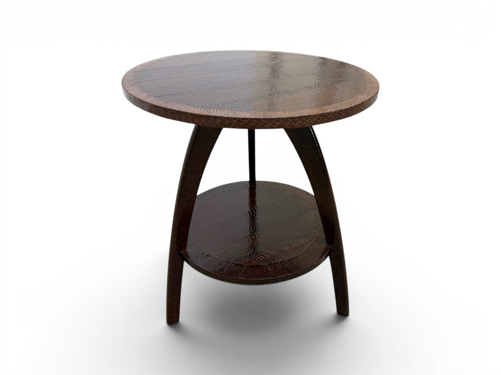 Karl Springer Style Mocha Cobra Round Side Table: A round Karl Springer Style mocha colored Snakeskin Side Table. Dimensions: H: 23" W: 20" D: 20"