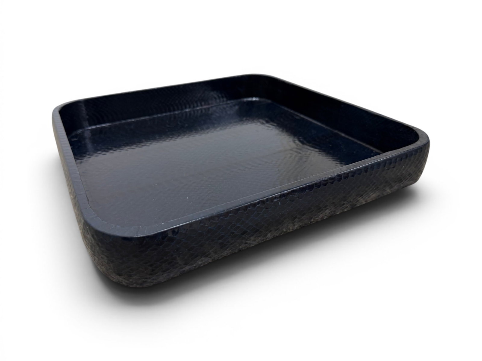 Karl Springer Style Midnight Blue Cobra Skin Tray: A Karl Springer Style Midnight Blue Snakeskin Catchall / decorative tray. Dimensions: H: 2" W: 13.25" D: 13.25"