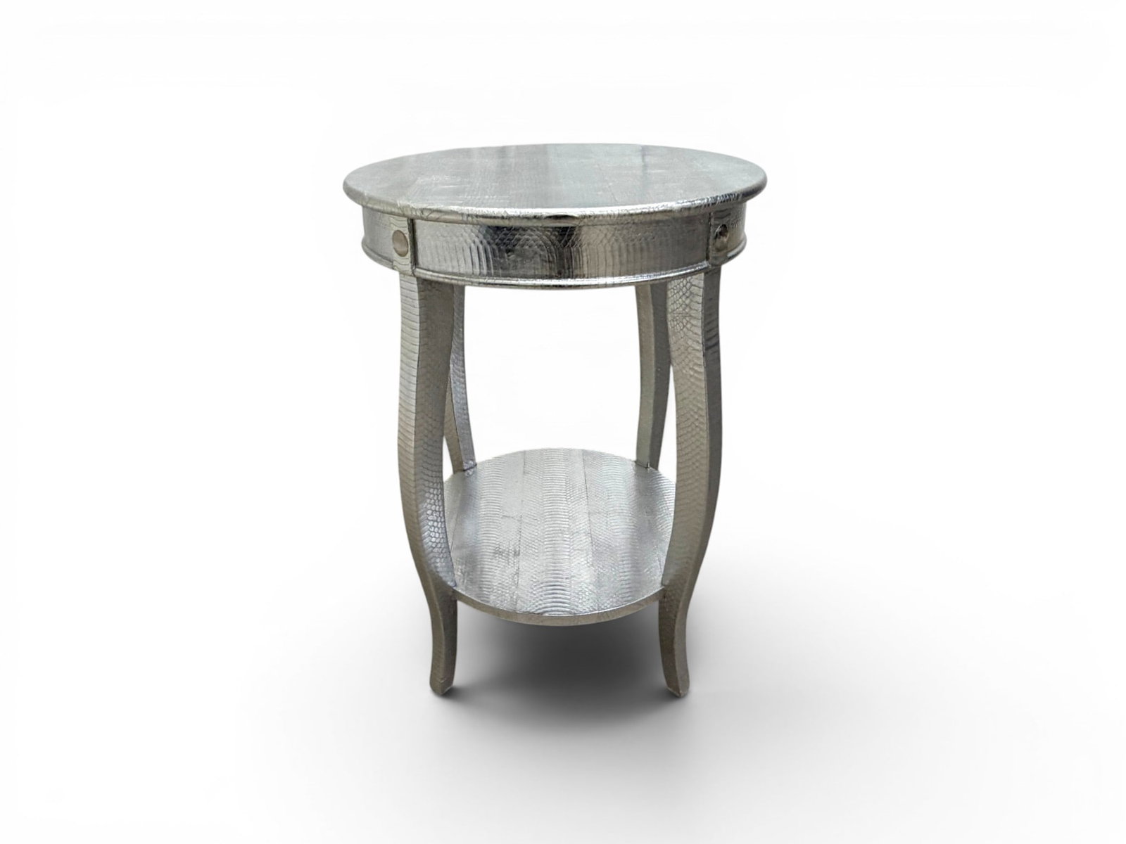 Karl Springer Style Cobra Skin Table With Sterling: Karl Springer style silver tone snakeskin table, with hallmarked sterling silver mounts. Dimensions: H: 24.5" W: 18" D: 18"