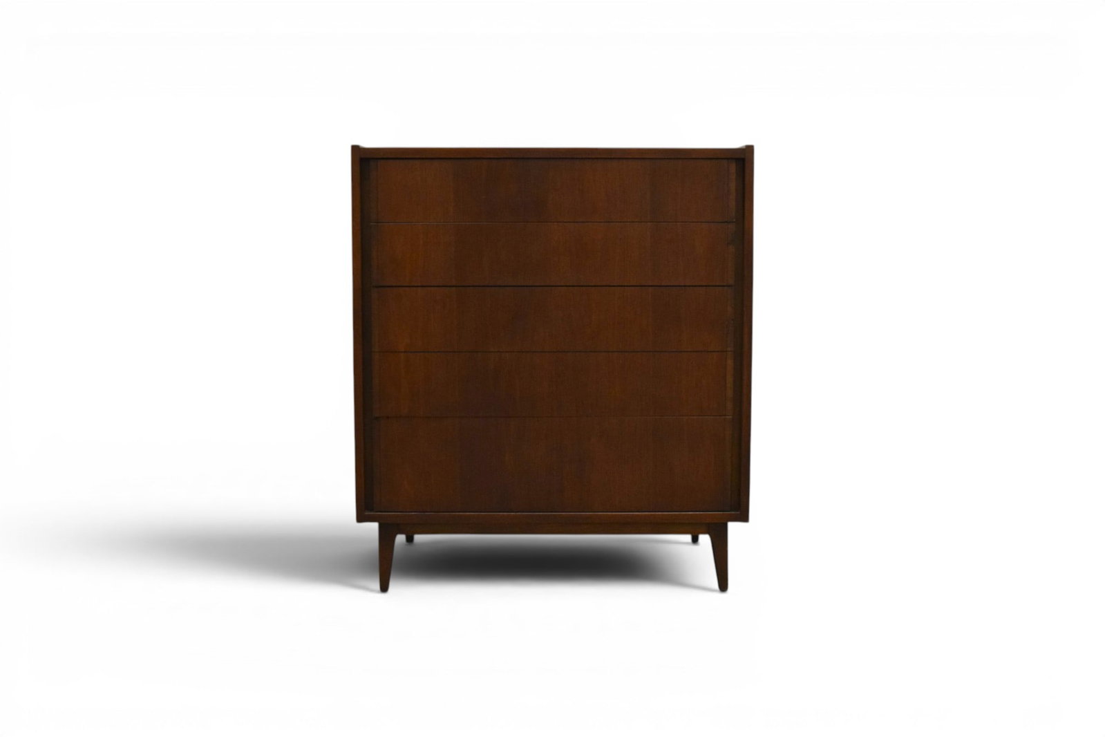 Bassett Furniture Tall Chest: Bassett Furniture walnut 4 drawer tall chest. Bassett mark to interior of top drawer. Dimensions: H: 48.5" W: 38.25" D: 19.125"