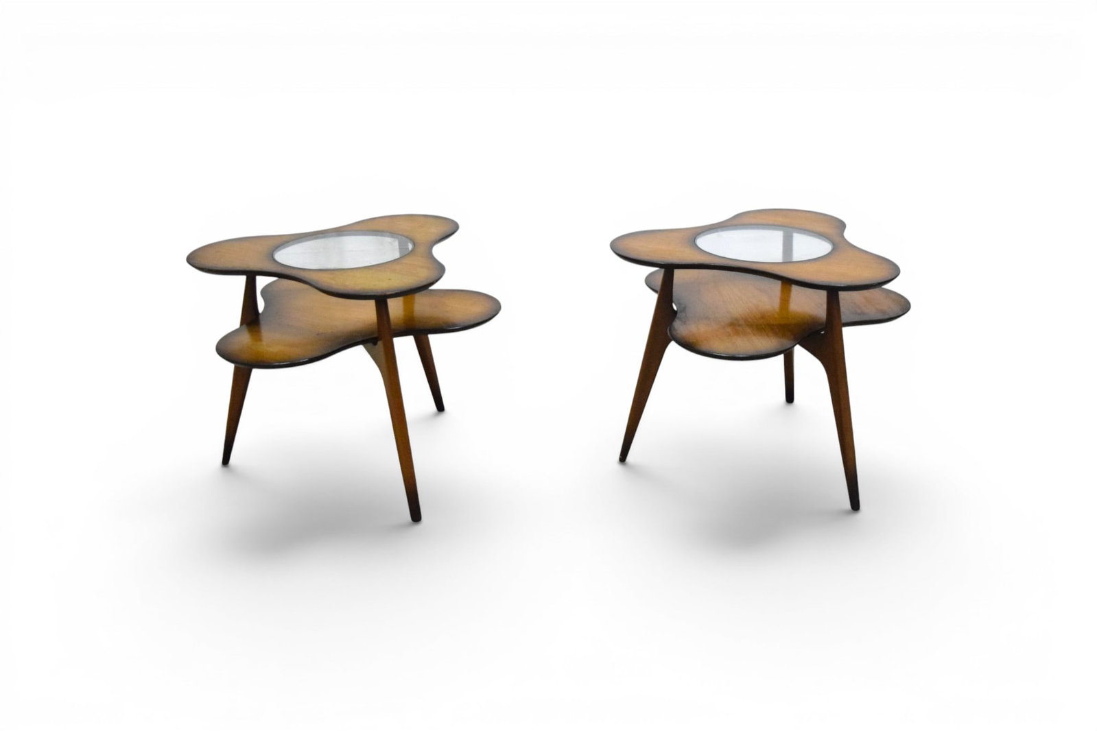 Pair Erno Fabry Occasional Tables: Enro Fabry, pair of occasional or side tables, 2 tiers with glass tops. Unsigned. Dimensions: H: 22.5" W: 30" D: 30"