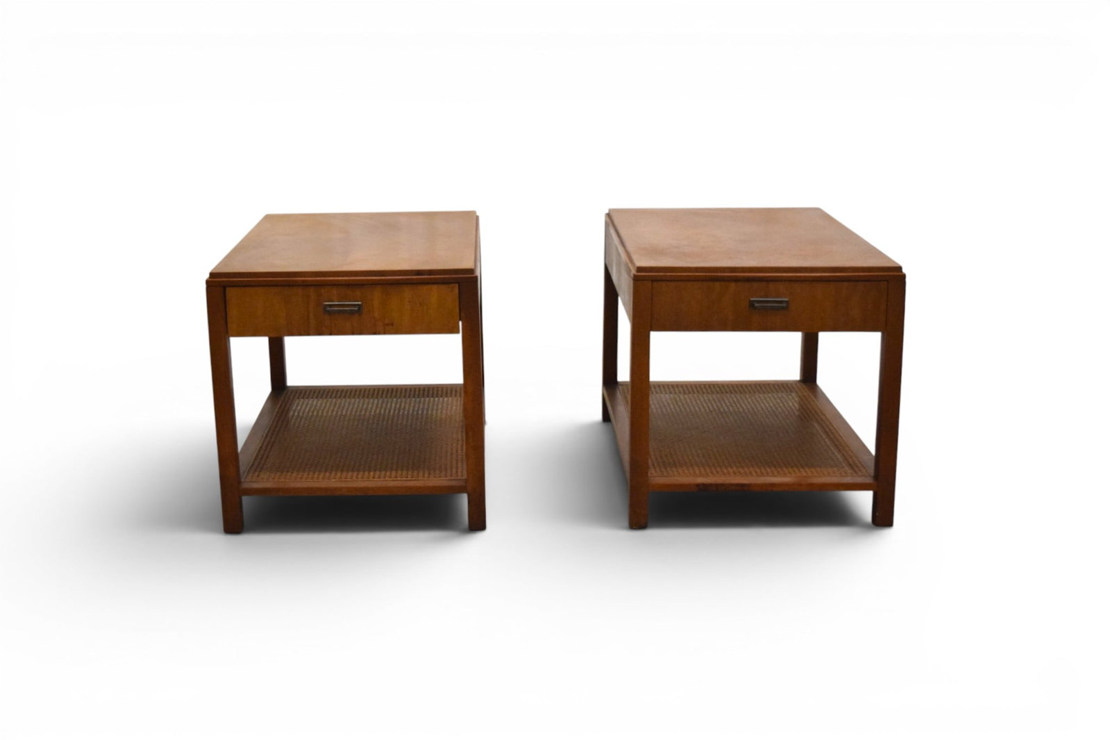 Pair Founders End Tables: Pair of Founders end / side tables. 1 drawer, cane lower tier. Founders labels to drawer interiors. Dimensions: H: 22.5" W: 21" D: 30"