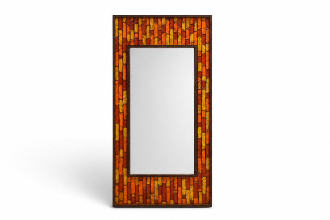 Harris G. Strong Mosaic Motif Mirror: Harris G. Strong enamel and wood mosaic motif mirror. Strong label on reverse. Dimensions: H: 45" W: 22" D: 1.5"