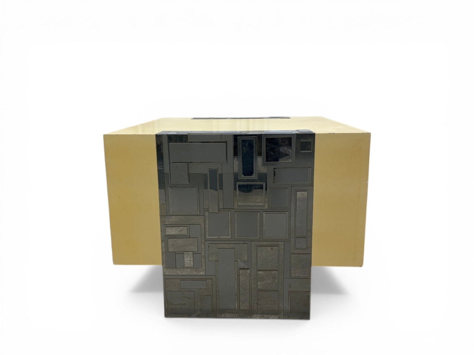 Cityscape & Lacquer Floating Table: A chrome cityscape and lacquer floating cube table Dimensions: H:24" W:30" D:30"