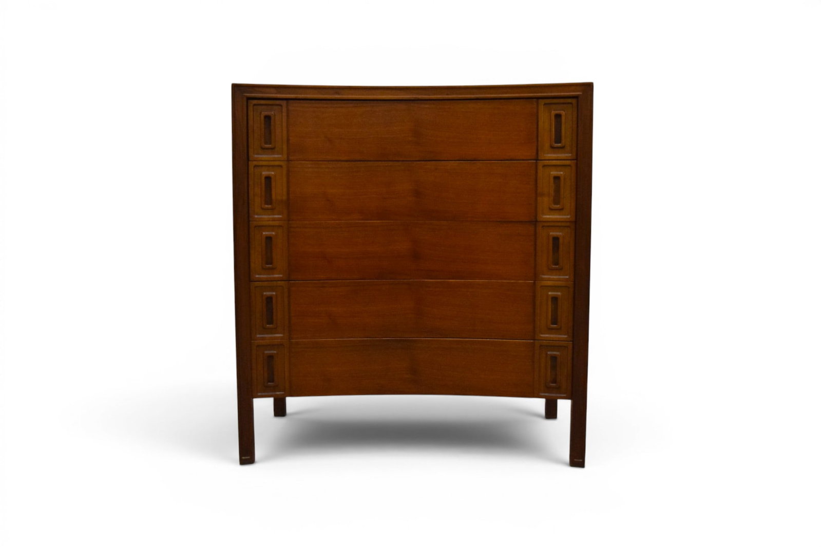 Edmond Spence Concave High Chest: Edmond Spence concave front high chest with 5 drawers. Marked Made in Sweden and Factory No. 14 on back panel. Dimensions: H: 46" W: 42.25" D: 21.75"