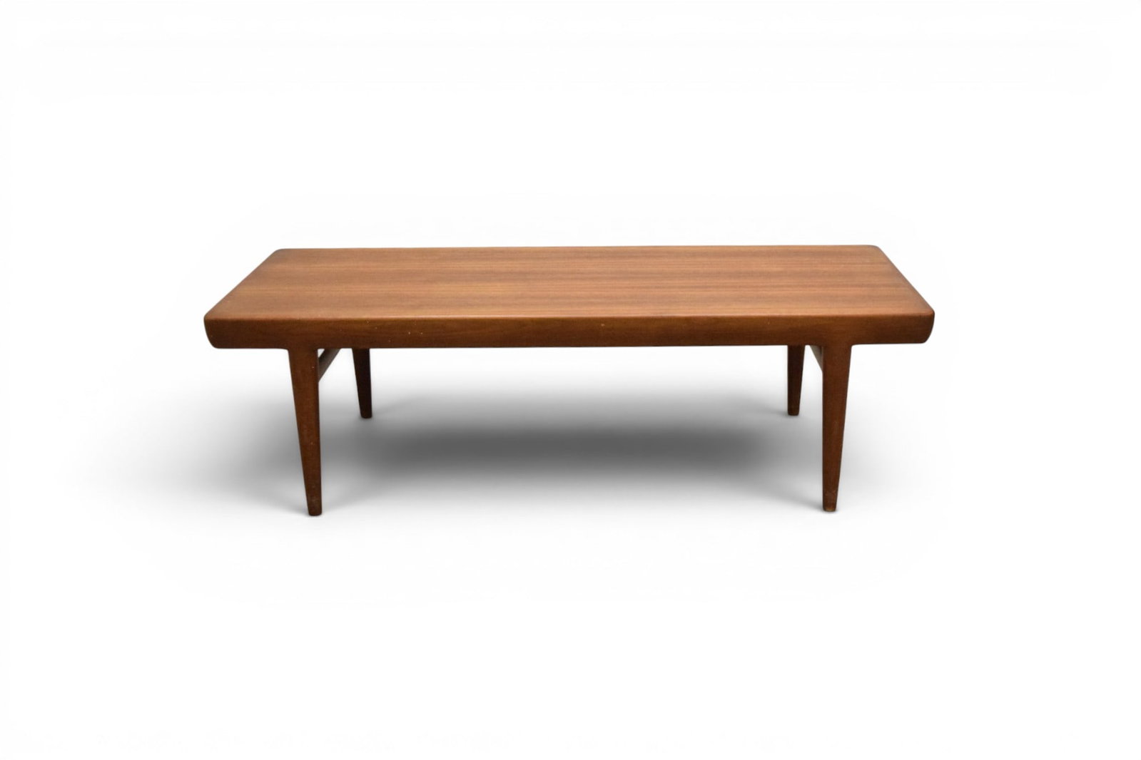 Johannes Andersen for Silkeborg Coffee Table: Johannes Andersen for Silkeborg, Danish modern coffee table, with 2 drawers, 1 with fitted interior. Silkeborg label with Danish control mark on the underside. Dimensions: H: 19.5" W: 65" D: 23.5"