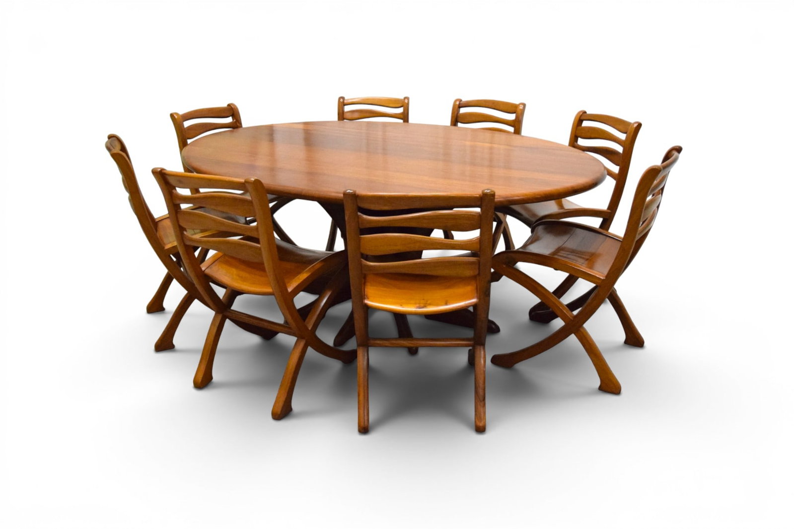 Marc van Rampelberg Dining Table & 8 Chairs: Marc van Rampelberg. Dining table with set of 8 matching chairs. Muninga wood, Kenya. Table with sculptural base, and 8 matching chairs. Table signed on one foot. Table dimensions: H: 30" W: 75" D: 53