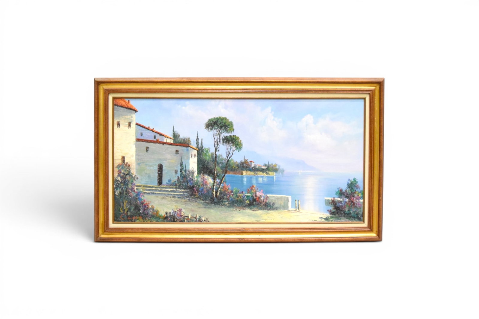 C. Loft Oil on Canvas Italian Landscape: Oil on canvas, houses in Italian coastal landscape. Signed C. Loft lower left. Sight 23.5" x 47.5" Frame dimensions: H: 31.5" W: 55.5" D: 1.25"