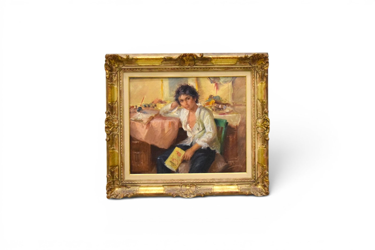 Lucio Tafuri Oil on Canvas Portrait Boy With Book: Lucio Tafuri (Italian, 1941). Oil on canvas, portrait of a boy with a book. Signed lower right. Sight 19.5" x 23.25" Frame dimensions: H:29" W: 32" D: 3.75"