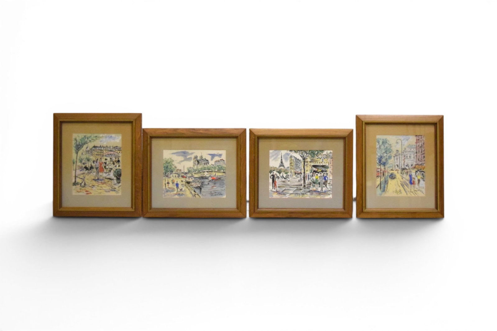 4 F. Brighton Paintings on Satin Paris: F. Brighton, 3 paintings on satin, Paris street scenes. All signed lower right. Sight 10" x 13" Frame dimensions: H: 19" W: 22" D: 1"