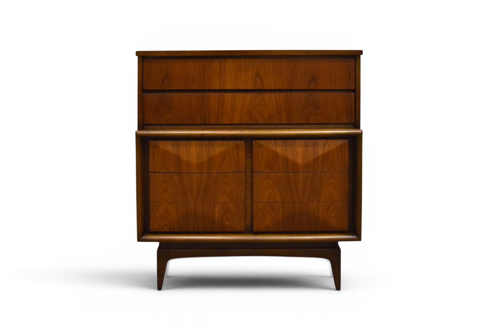 United Diamond Front High Chest: United diamond front high chest. 3 drawers and 6 drawers below. Marked United inside top drawer. Dimensions: H: 43.5" W: 40" D: 19"