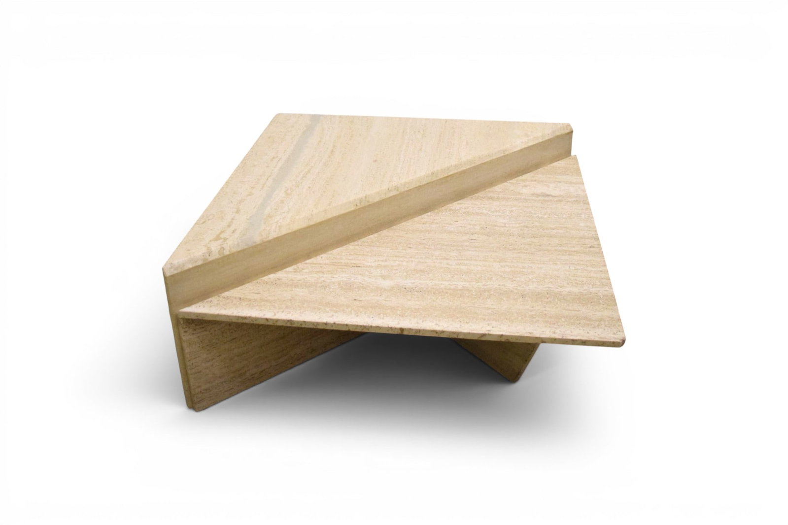 Italian 2 Part Travertine Triangular Coffee Table: 2 part Italian travertine coffee table. 2 triangular sections. Unsigned. Larger dimensions: H: 15.75" W: 53.5" D: 27" Smaller dimensions: H: 12" W: 53.5" D: 27"