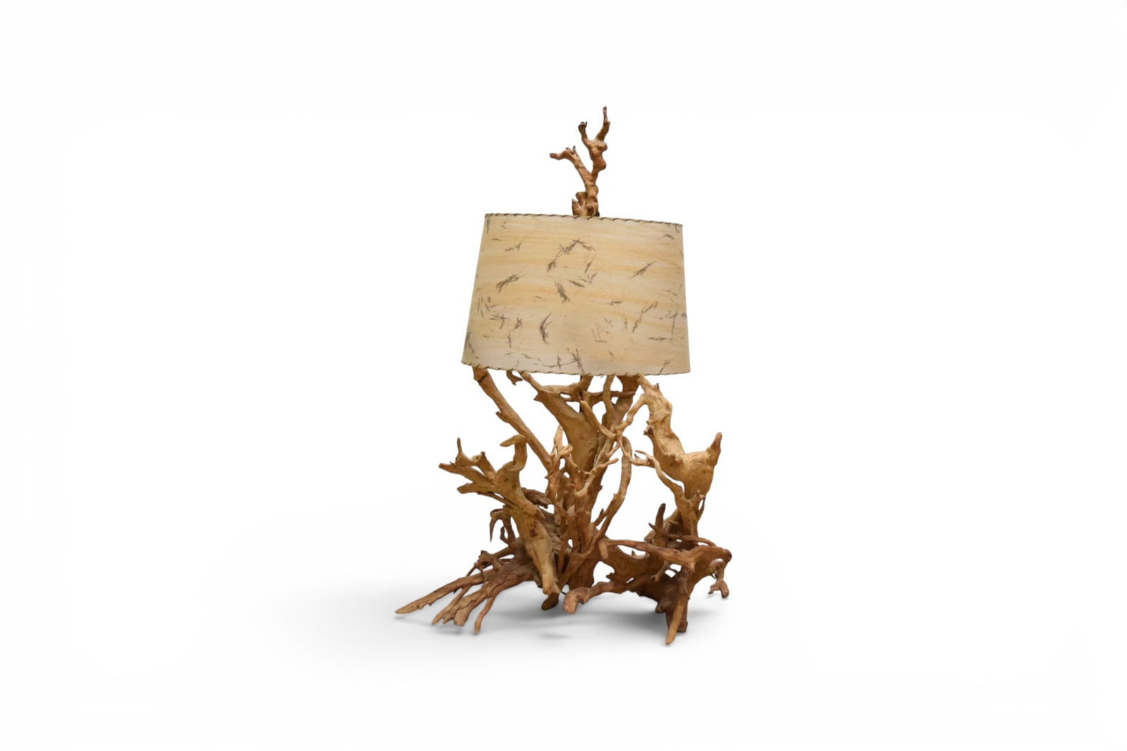 Driftwood Table Lamp With Fiberglass Shade: Driftwood table lamp, with mid-century modern fiberglass shade. Dimensions without shade to top of finial: H: 48" W: 32" D: 13", shade L: 22"
