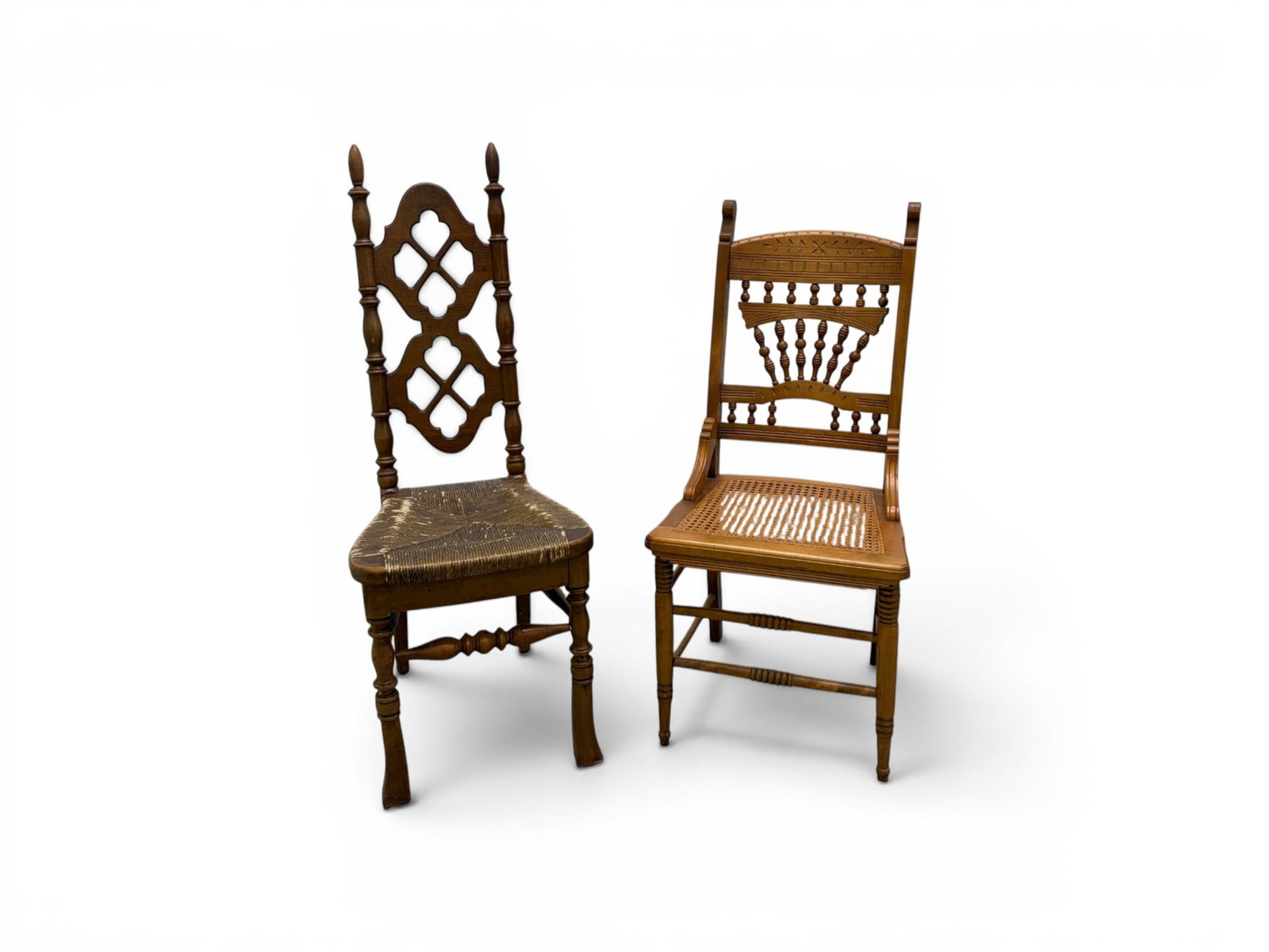 2 Chairs Pressed Back & Thomasville French Country: 2 chairs. Pressed back chair with spindle and ball back and cane seat. Thomasville French Country Farmhouse chair with rush seat, stamped Thomasville on the underside. Pressed back chair dimensions: H