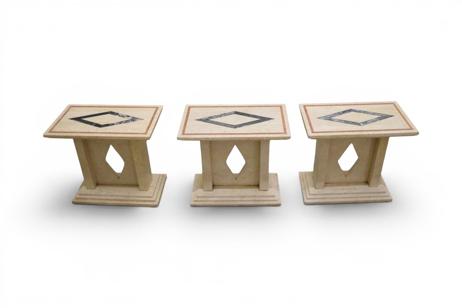 3 Travertine & Marble Italian Side Tables: Set of 3 Italian travertine tables, with inlaid marble. Unsigned. Dimensions: H: 15.5" W: 17.25" D: 9.5"