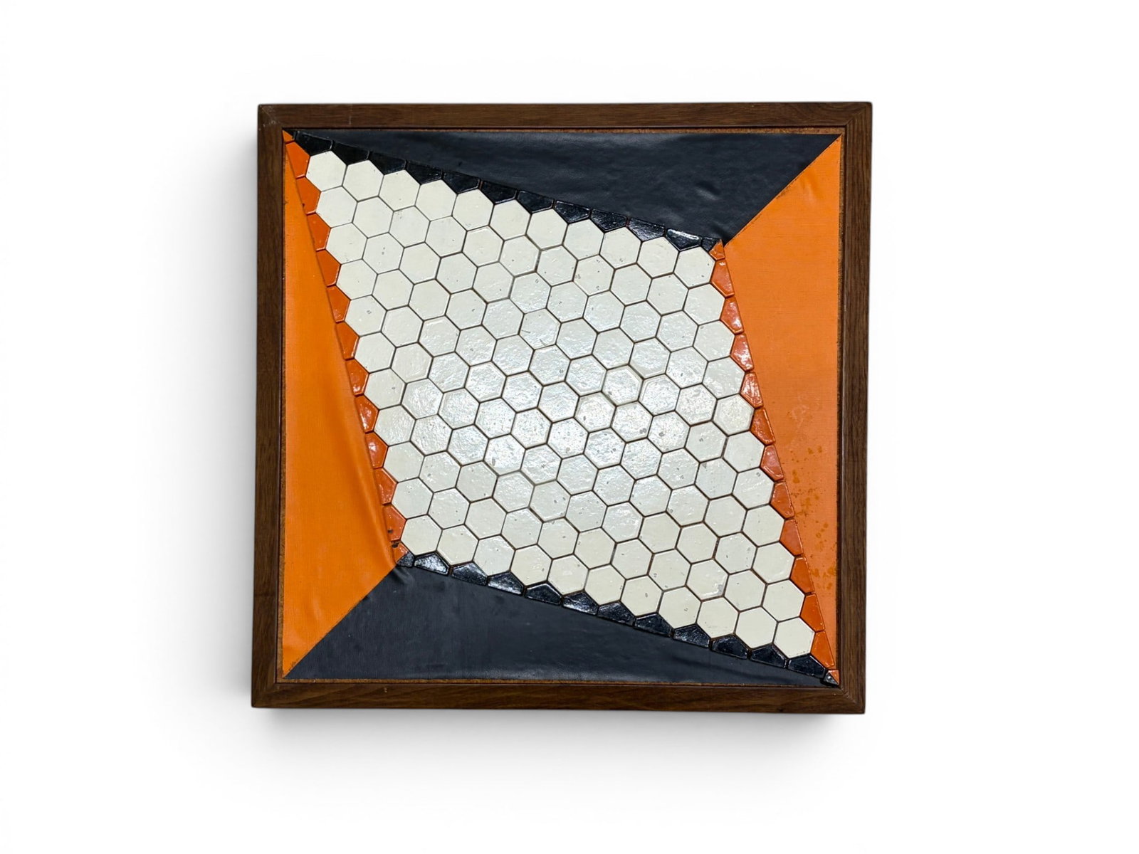 Mid-Century Tile Trivet: Mid-century modern tile mosaic and vinyl trivet on wood. Dimensions: H: 17" W: 17" D: 1"